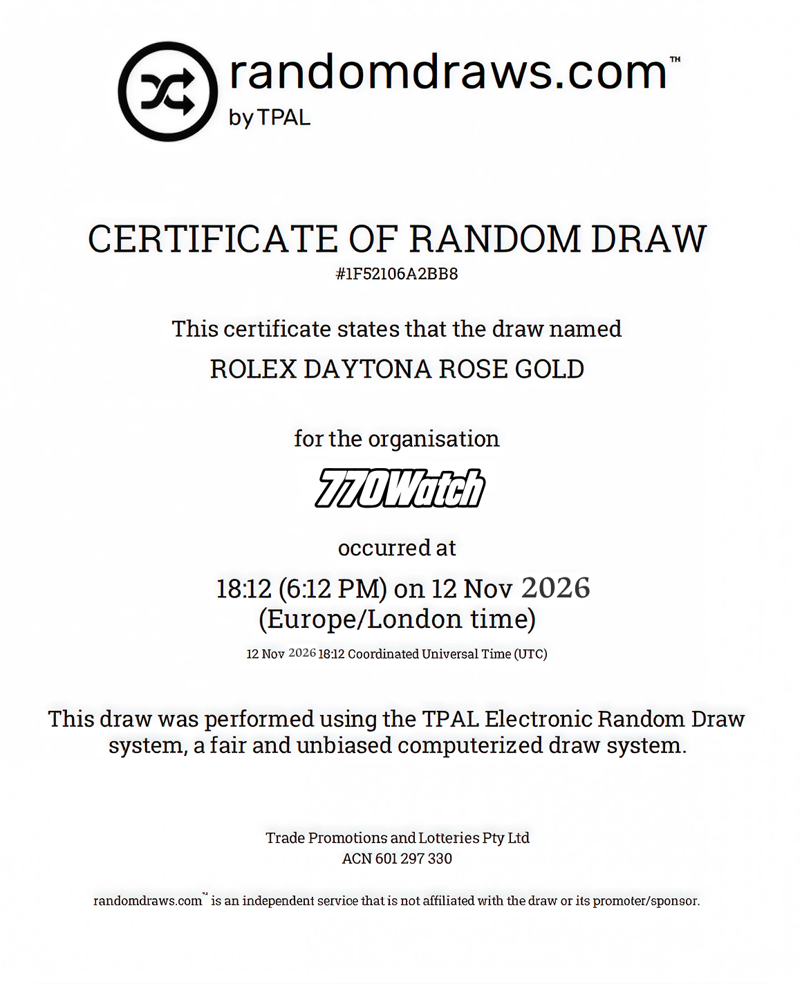 Official RandomDraws draw certificate